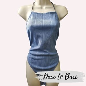 💐3 for $25💐 Dare to Bare Powder Blue Body suit with Chain Halter Straps